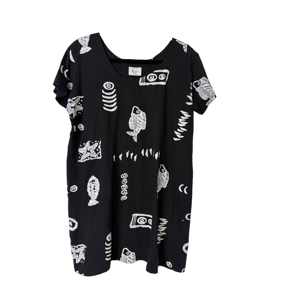 Magu Distributors Dress Sz Large Black White Fish Nautical Shift Mini Resort
